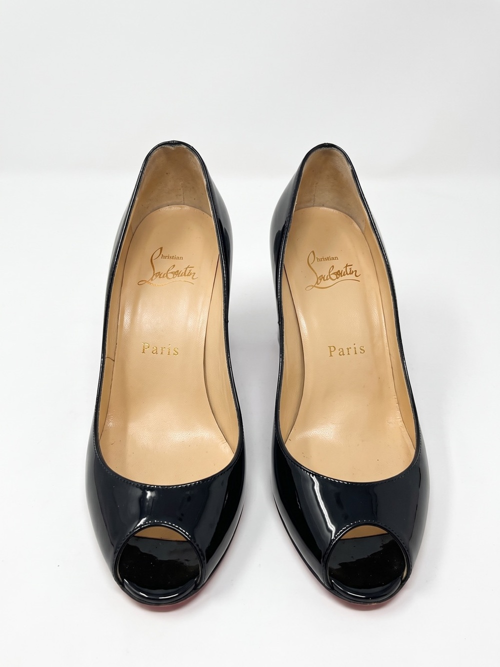 Christian Louboutin Jo Black Patent Peep Toe Low Block Heel Pumps Women's Sz 6.5